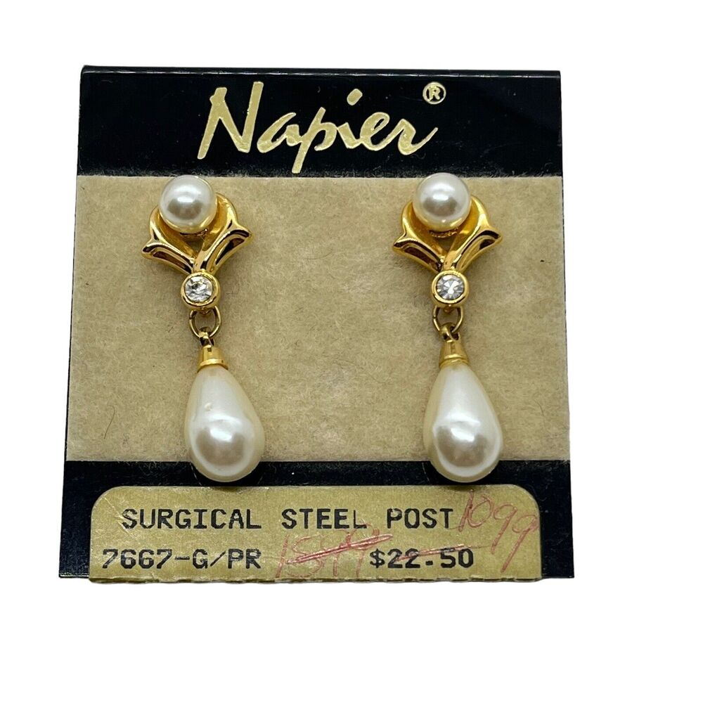 Napier Faux Pearl Drop Earrings Gold Tone Romantic Victorian Look On Card Retro